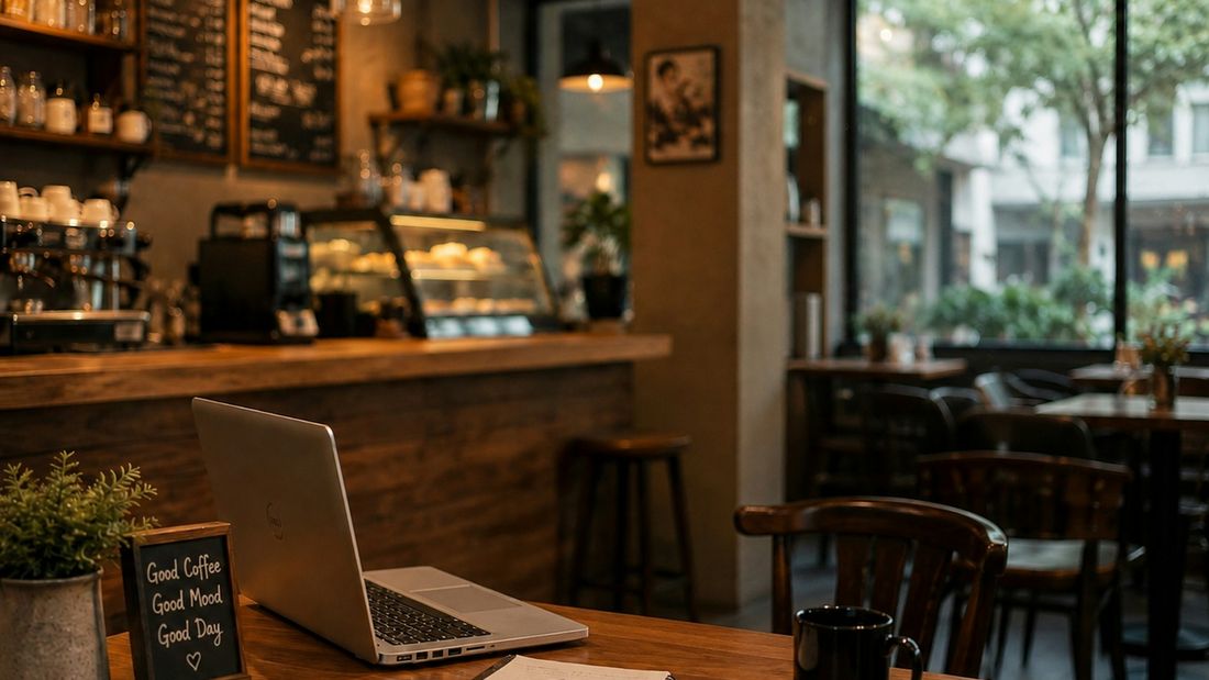A laptop, notebook and black coffee on a wooden cafe table with the coffee bar behind
